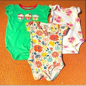 THREE 0-3 mo onesies for girl, flower